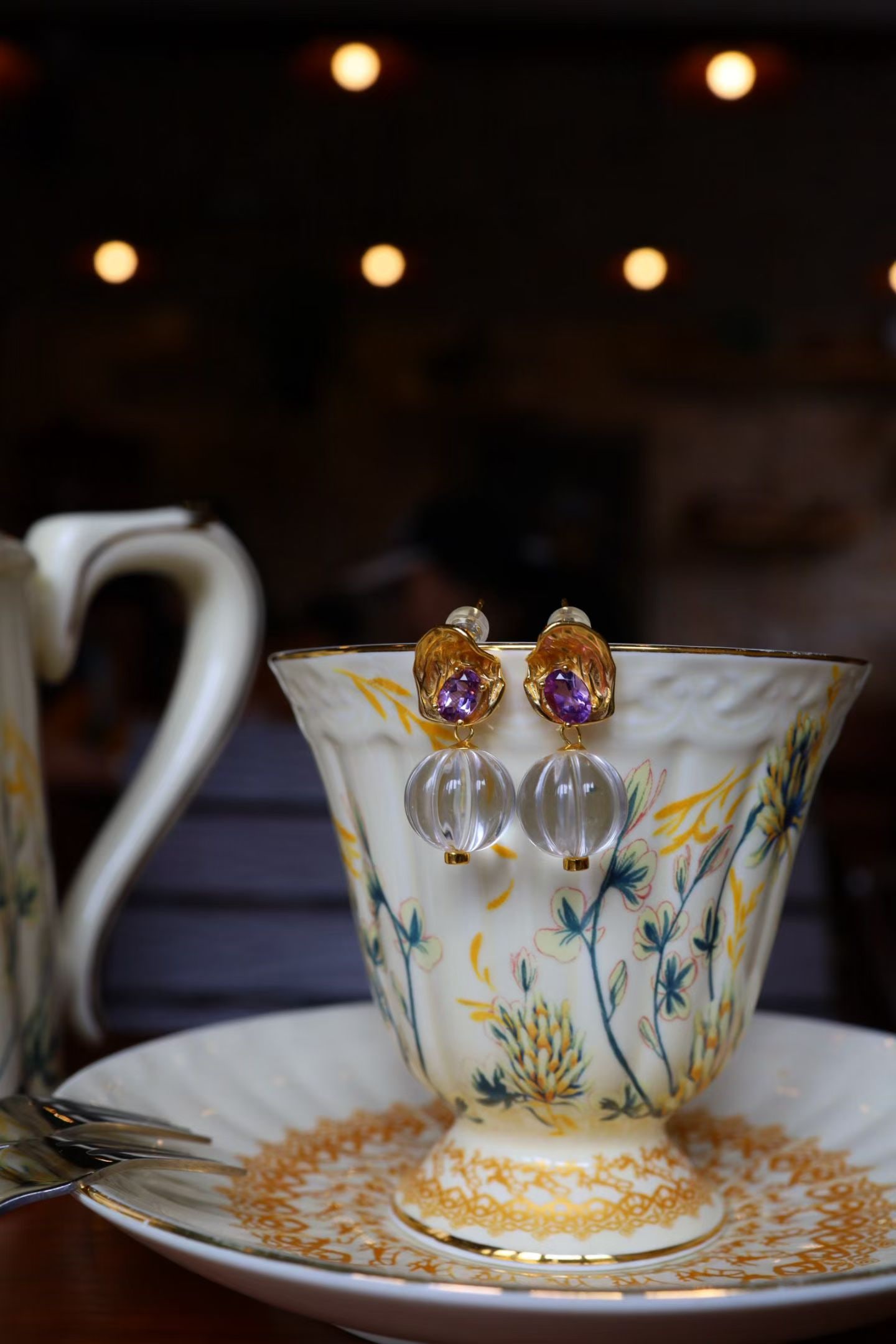Natural amethyst and white crystal pumpkin bead earrings - 7
