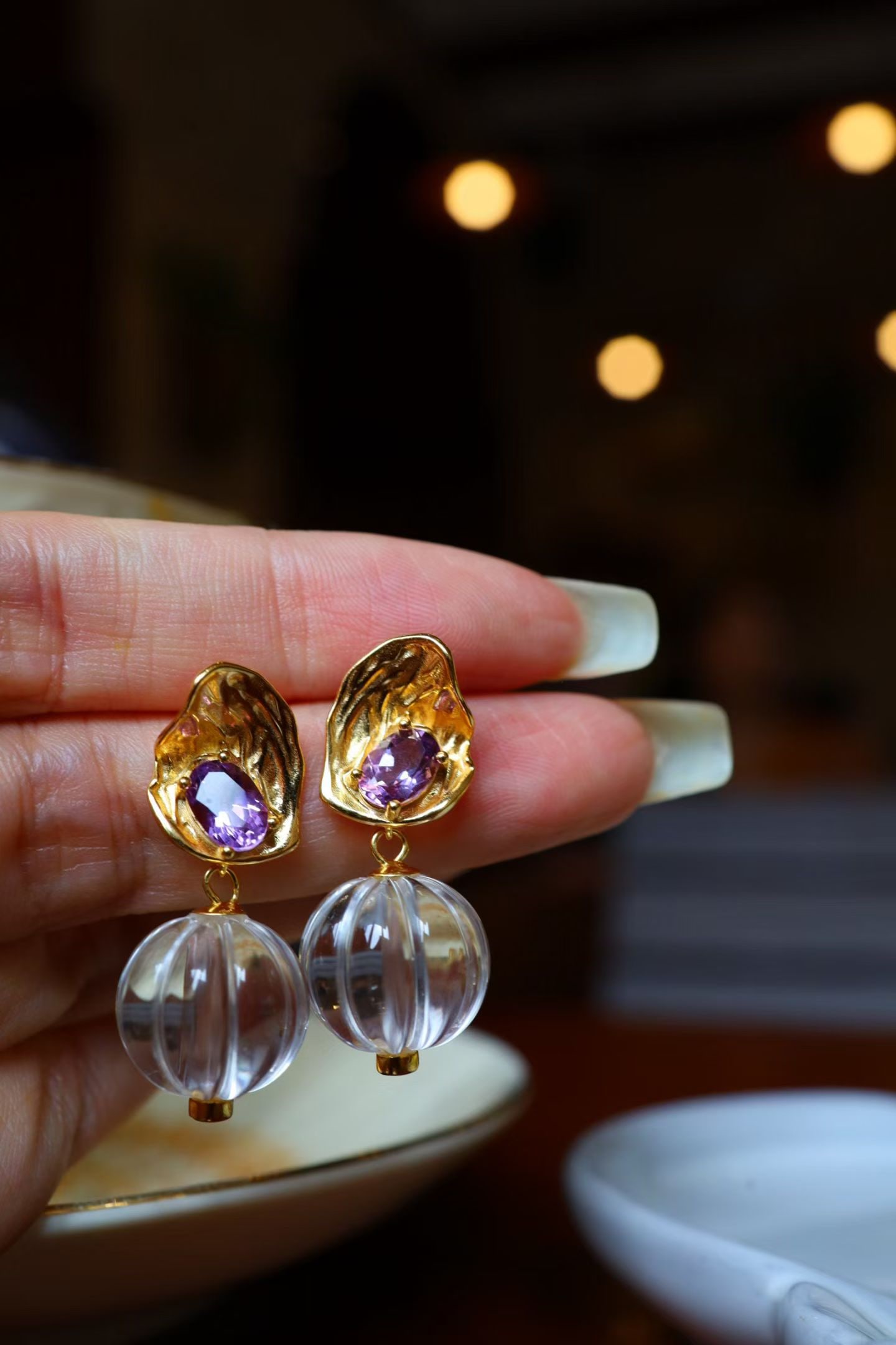 Natural amethyst and white crystal pumpkin bead earrings - 8