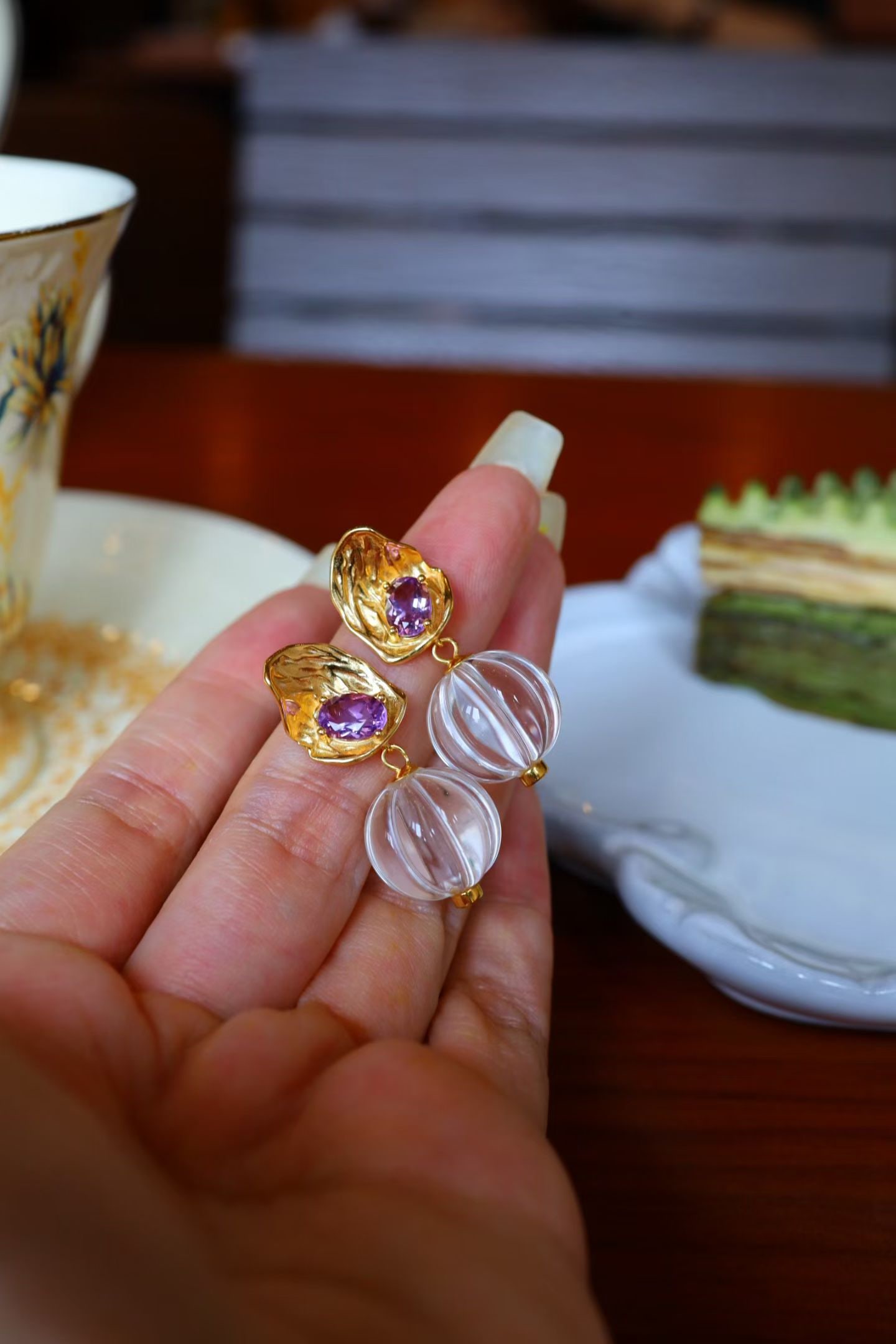 Natural amethyst and white crystal pumpkin bead earrings - 9