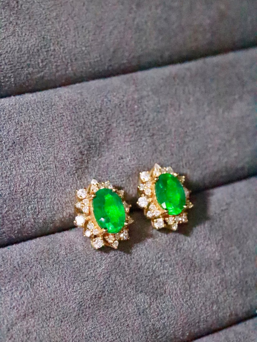 18K Gold Natural Emerald Earrings - 2