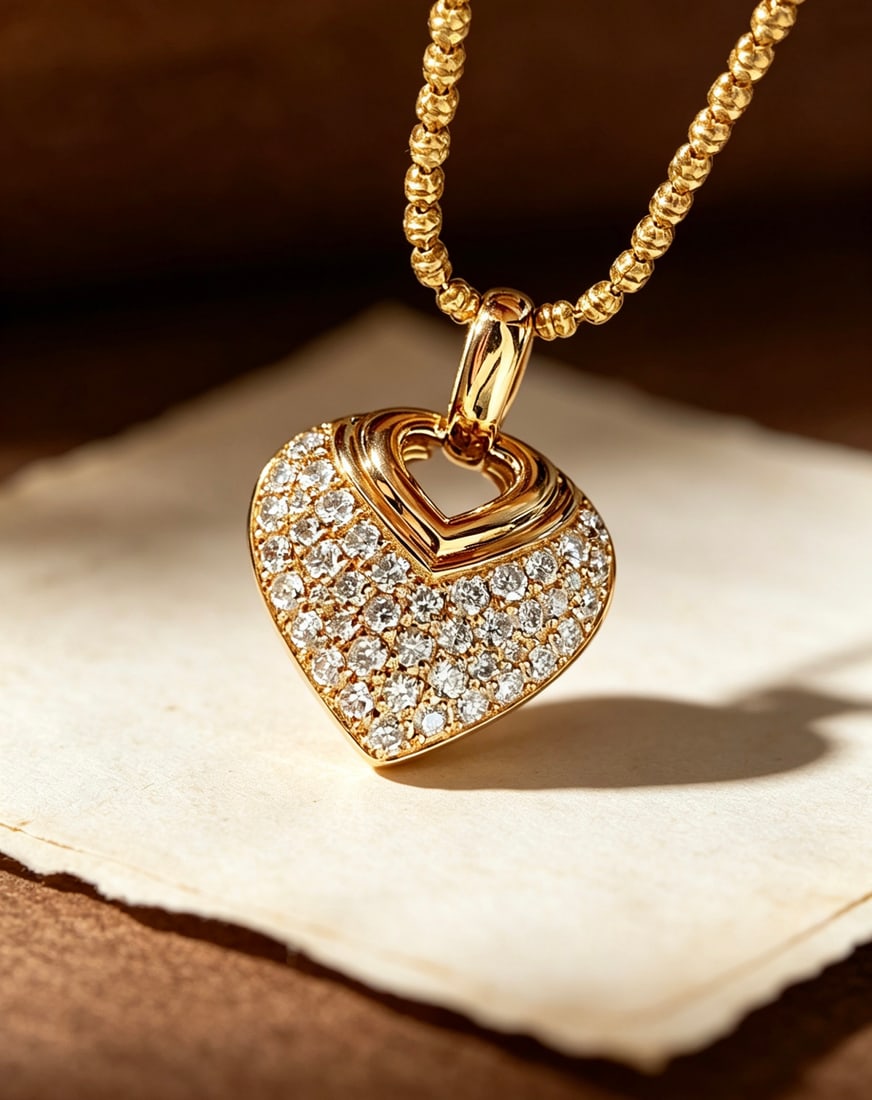 18K Gold Natural Full Diamond Heart Pendant: Title: 18K Gold Natural Full Diamond Heart Pendant Description: This heart-shaped pendant is crafted from 18K gold and set with full diamonds, showcasing unparalleled brilliance. Each diamond is