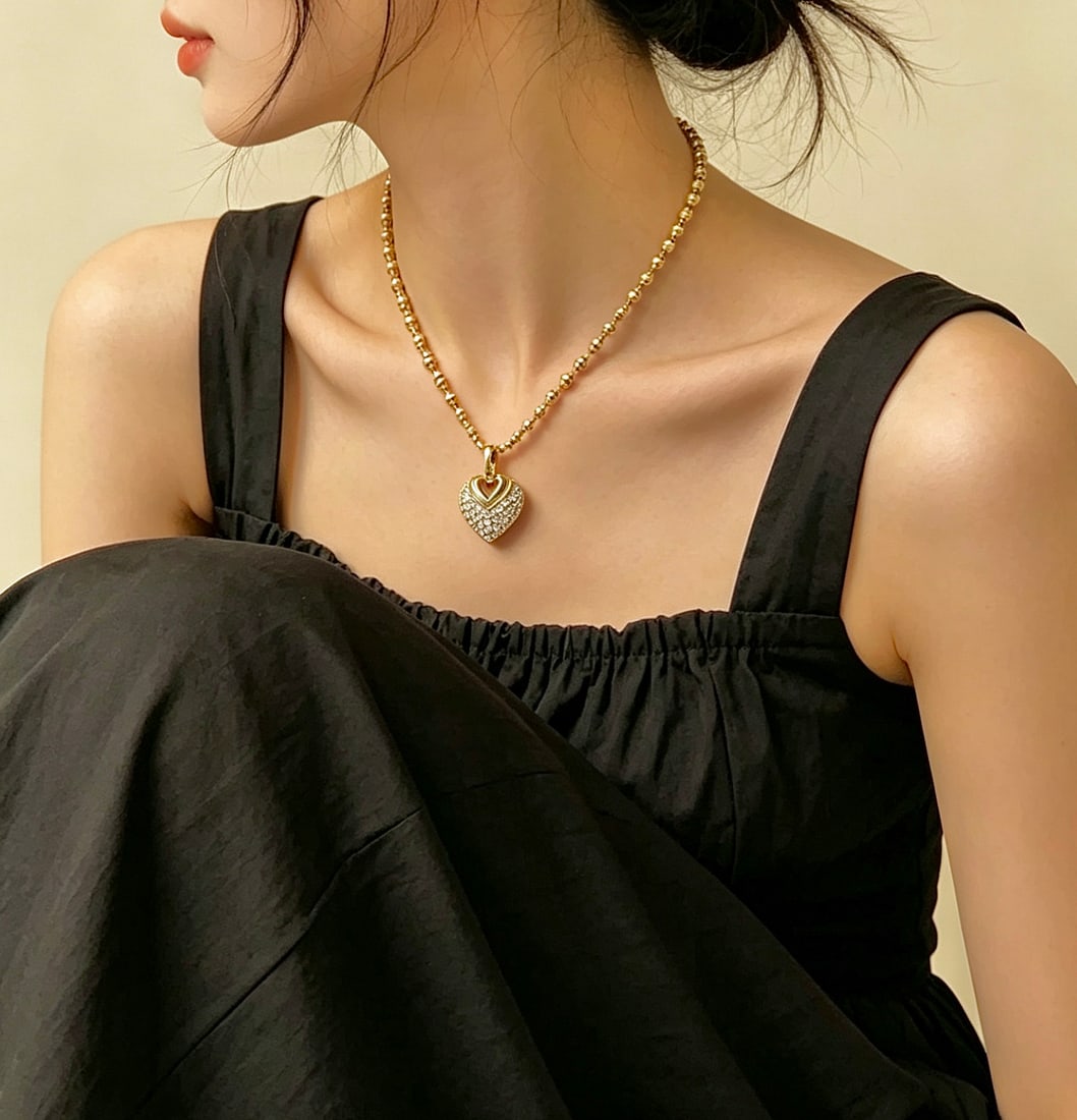 18K Gold Natural Full Diamond Heart Pendant - 3