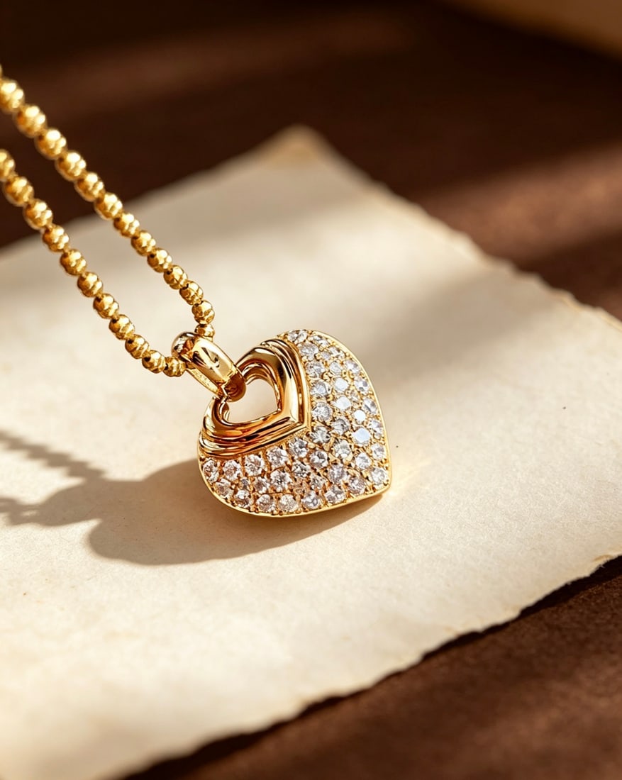 18K Gold Natural Full Diamond Heart Pendant - 4