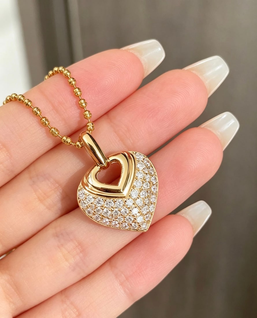18K Gold Natural Full Diamond Heart Pendant - 5