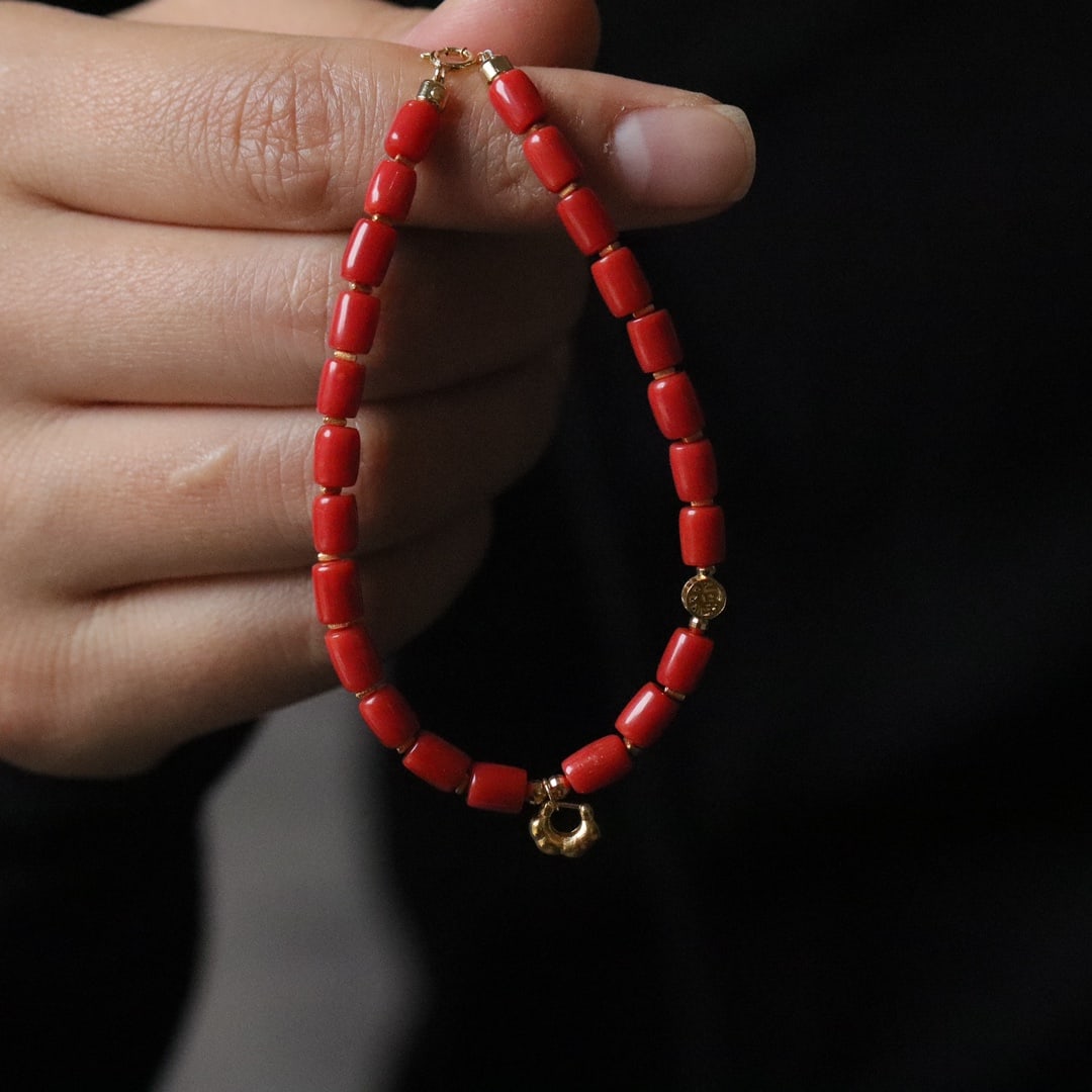 18K Gold Natural Red Coral Bracelet - 2