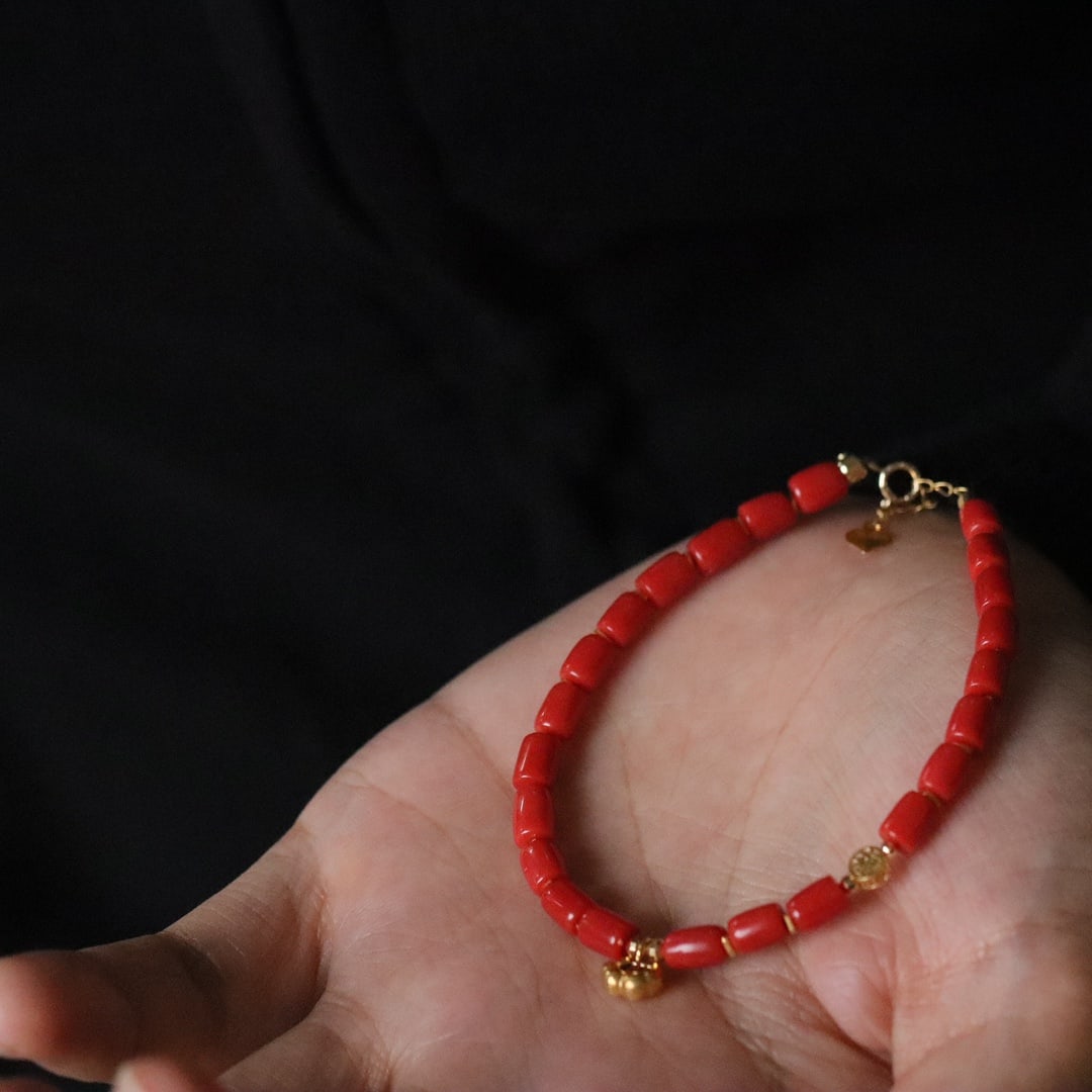 18K Gold Natural Red Coral Bracelet - 3