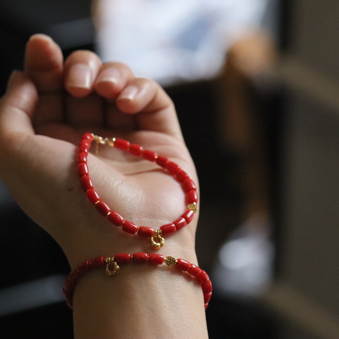 18K Gold Natural Red Coral Bracelet - 4