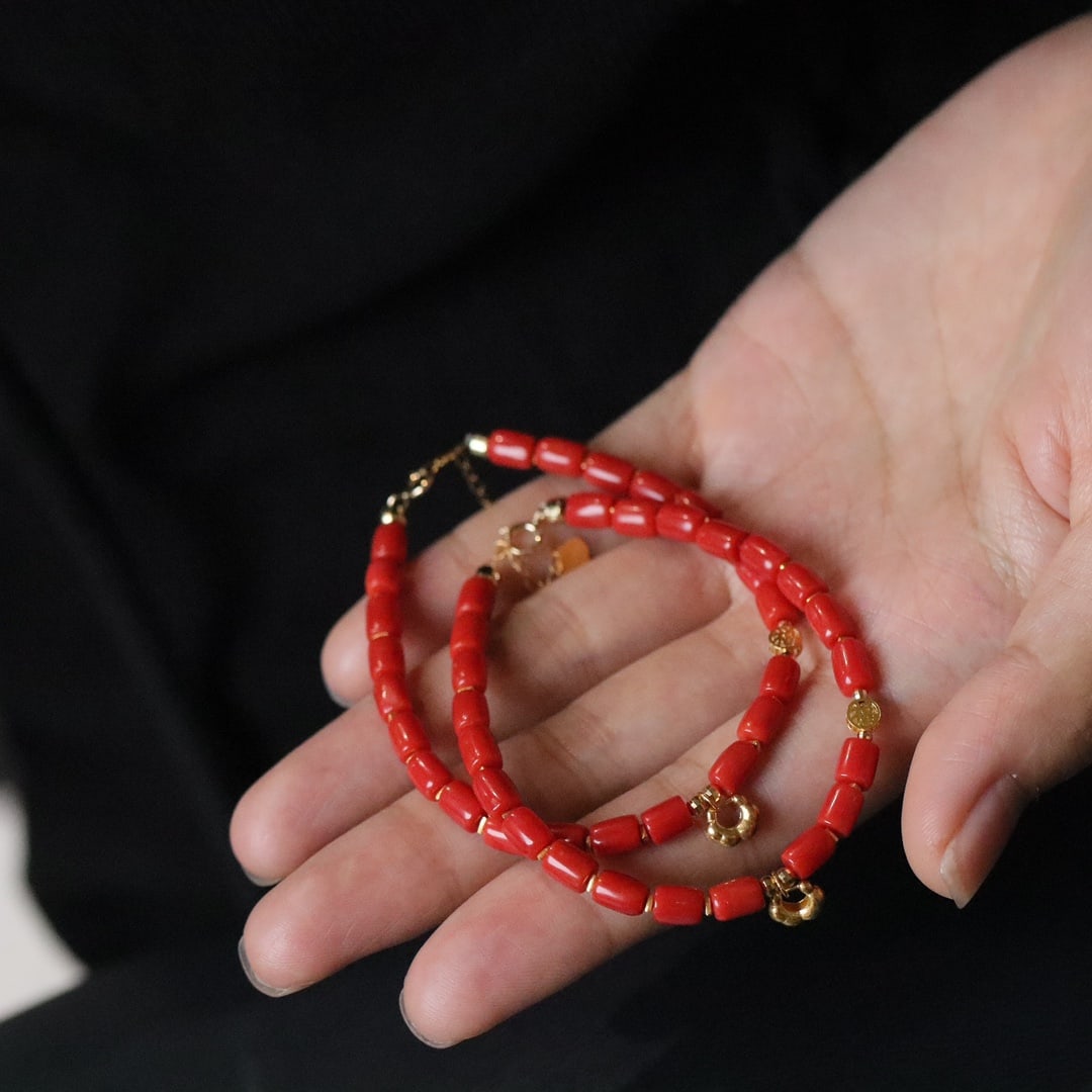 18K Gold Natural Red Coral Bracelet - 6