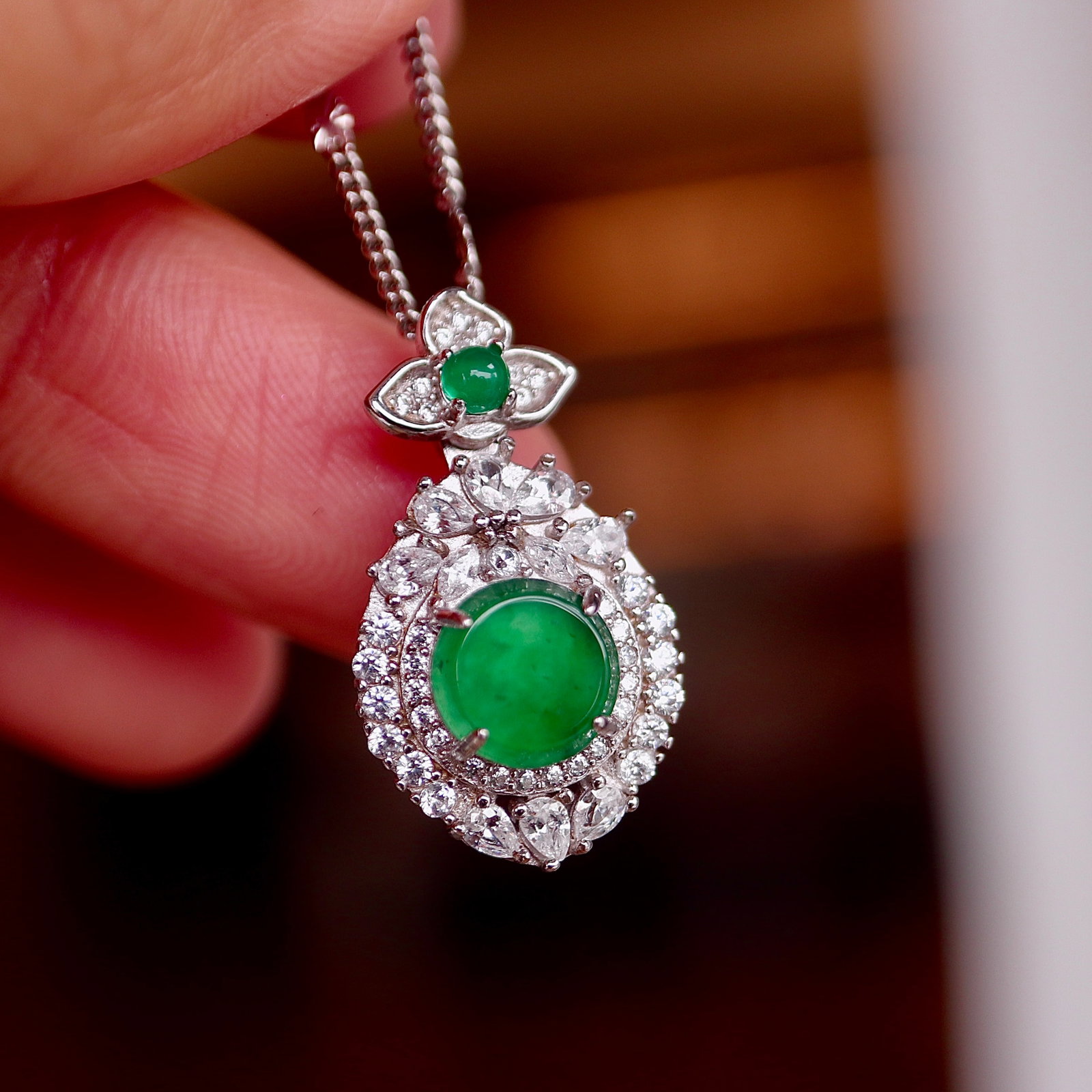 S925 Silver Natural Jadeite Round Pendant - 7