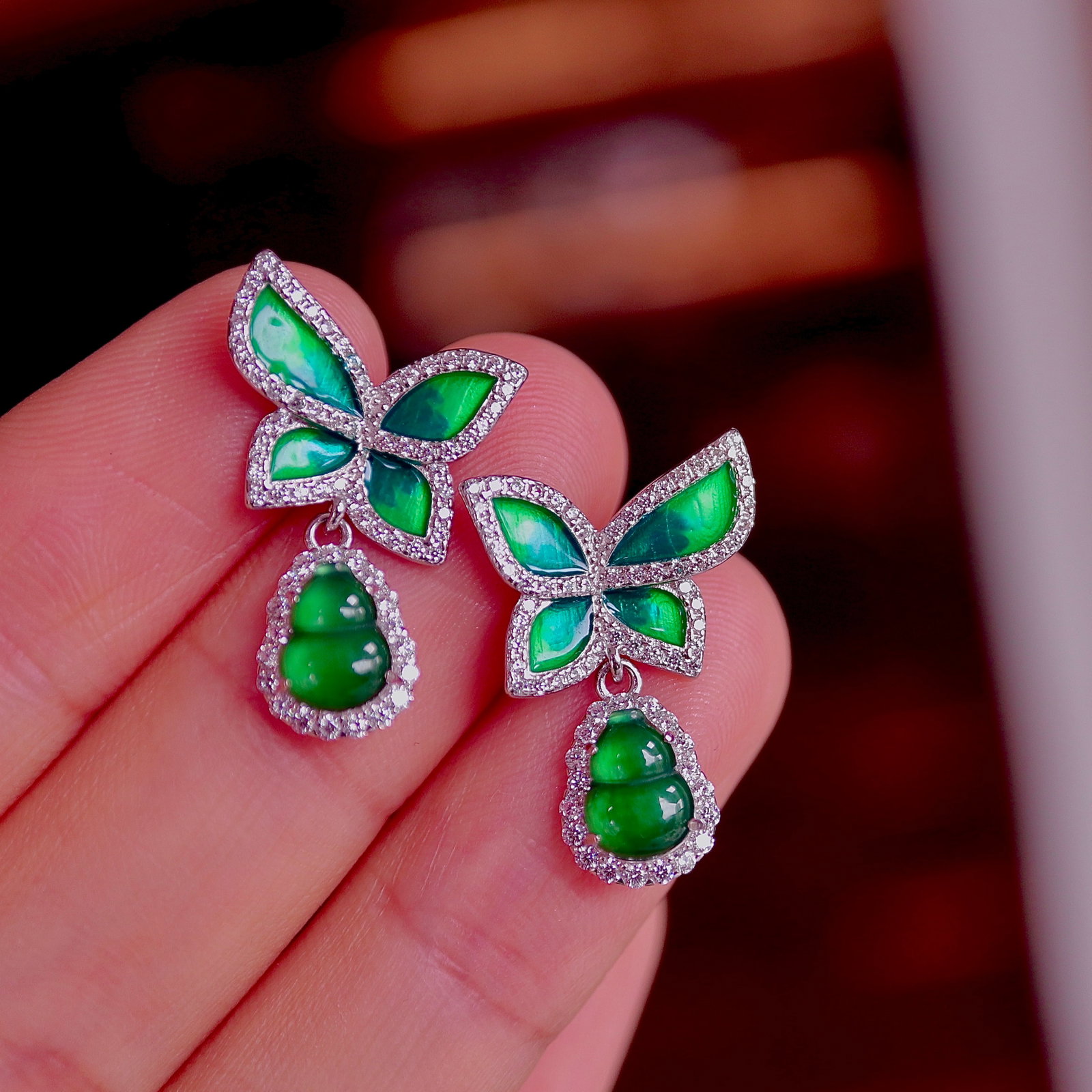S925 Silver Natural Jadeite Butterfly Earrings - 2