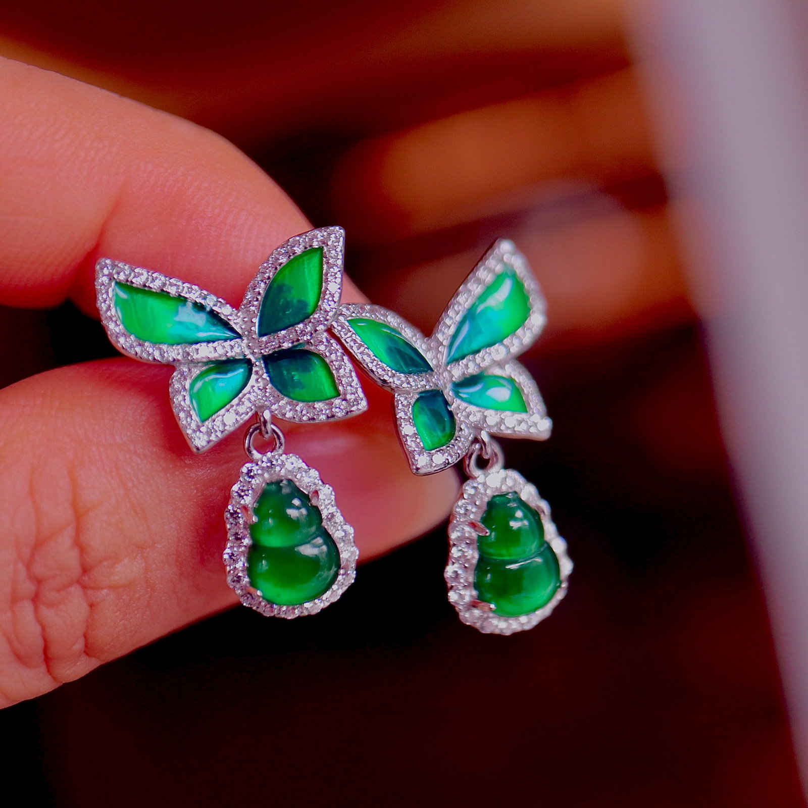 S925 Silver Natural Jadeite Butterfly Earrings - 3