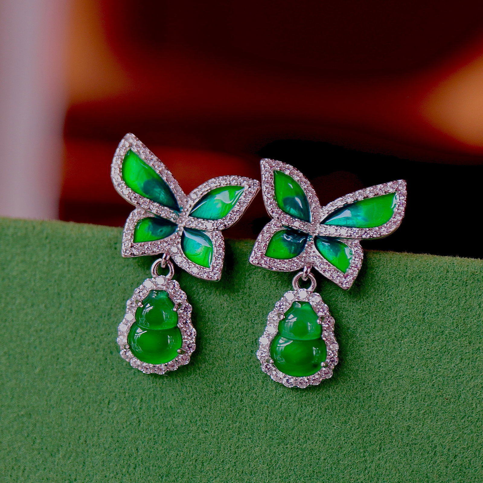 S925 Silver Natural Jadeite Butterfly Earrings - 4