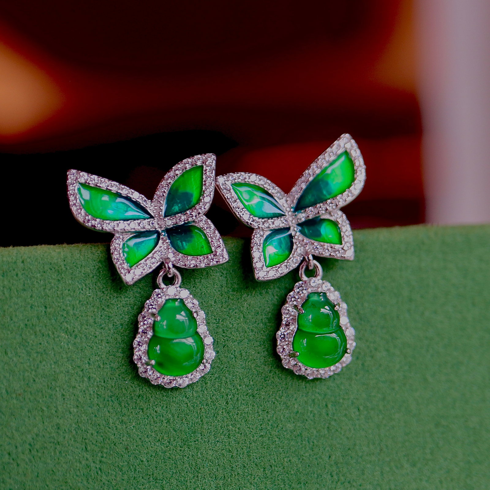 S925 Silver Natural Jadeite Butterfly Earrings - 5