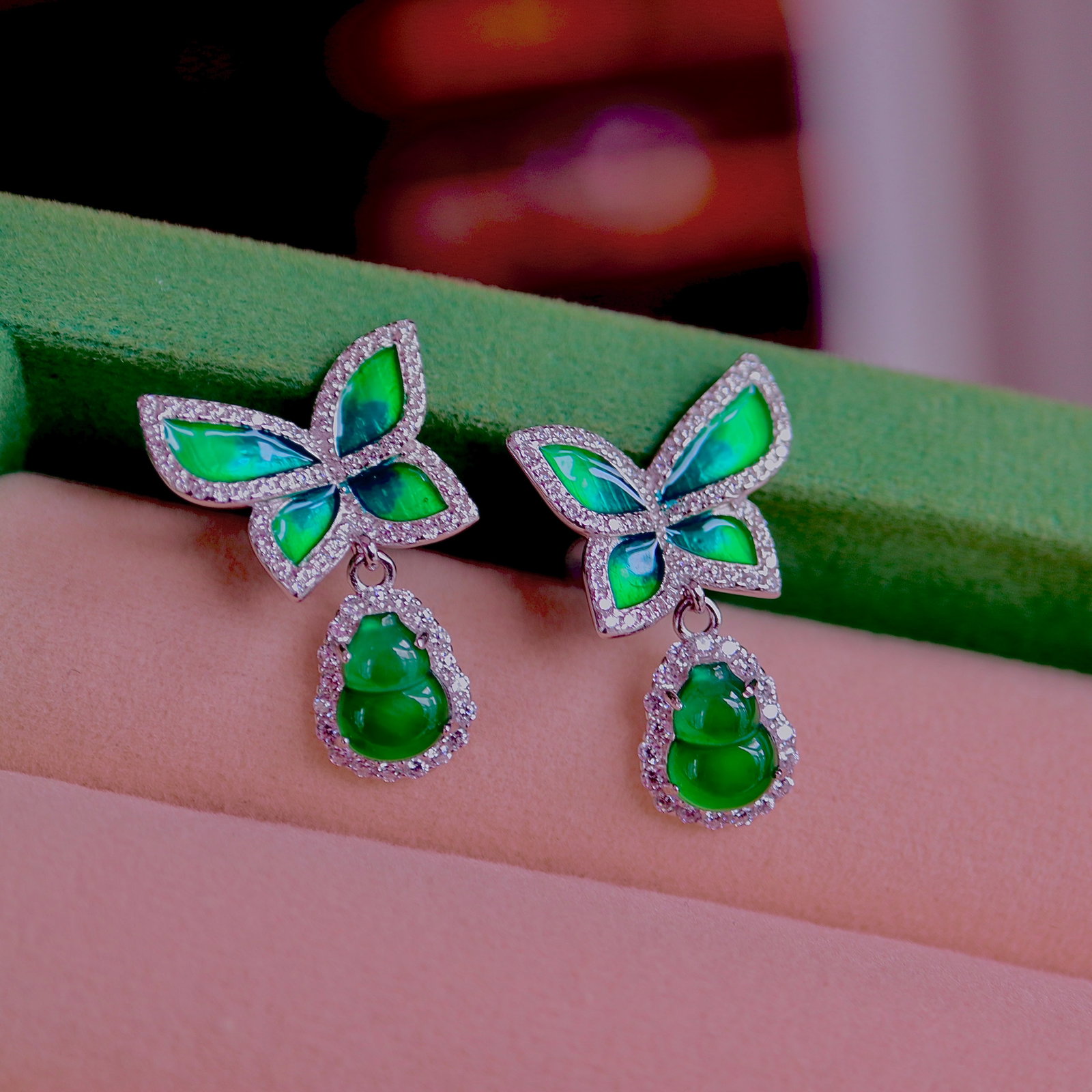 S925 Silver Natural Jadeite Butterfly Earrings - 6