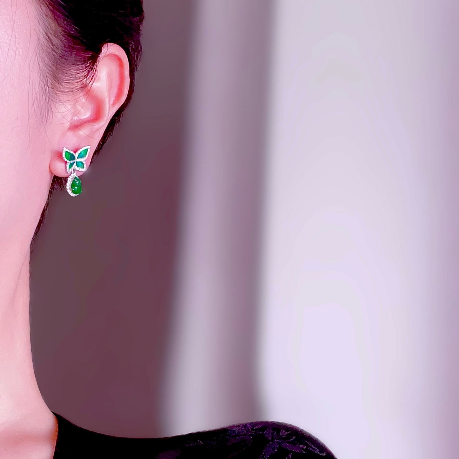 S925 Silver Natural Jadeite Butterfly Earrings - 7