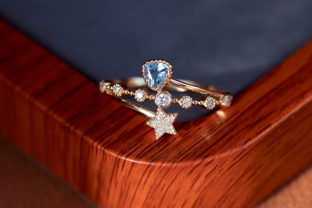 18K Gold Natural Aquamarine Diamond Ring - 5