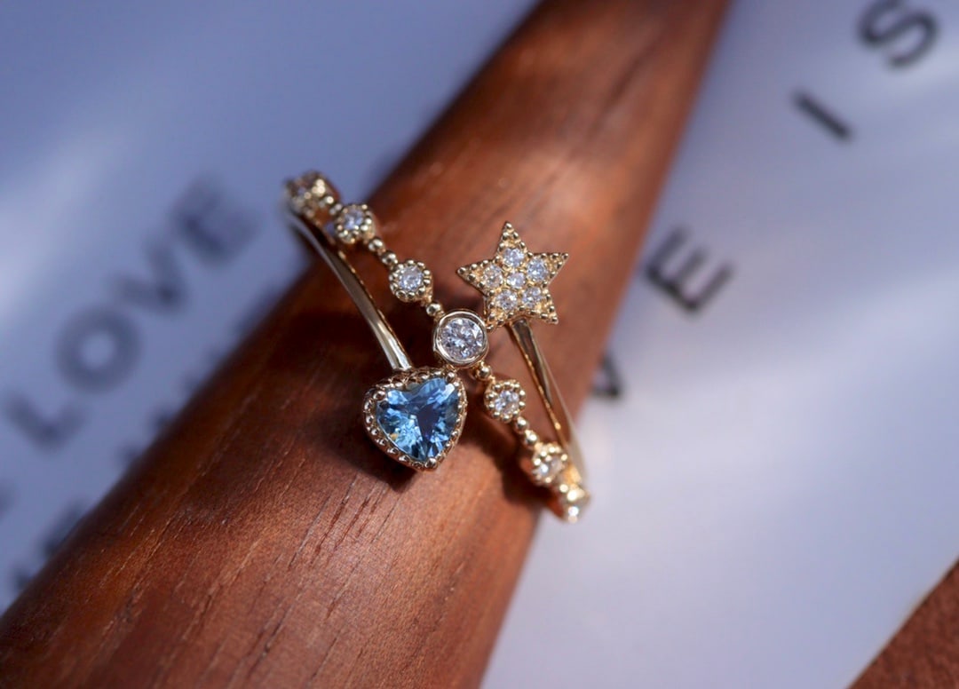 18K Gold Natural Aquamarine Diamond Ring - 7