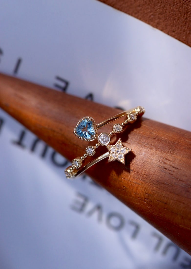 18K Gold Natural Aquamarine Diamond Ring - 8