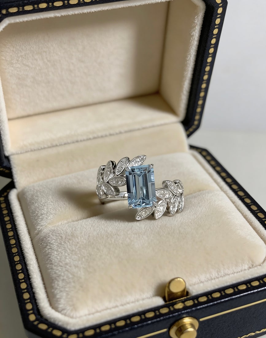 18K Gold Aquamarine Ring: Title: 18K Gold Aquamarine Ring Description: This ring features a Santa Maria aquamarine as the main stone, exuding unparalleled elegance and refinement. The luster of 18K gold complements the brillia
