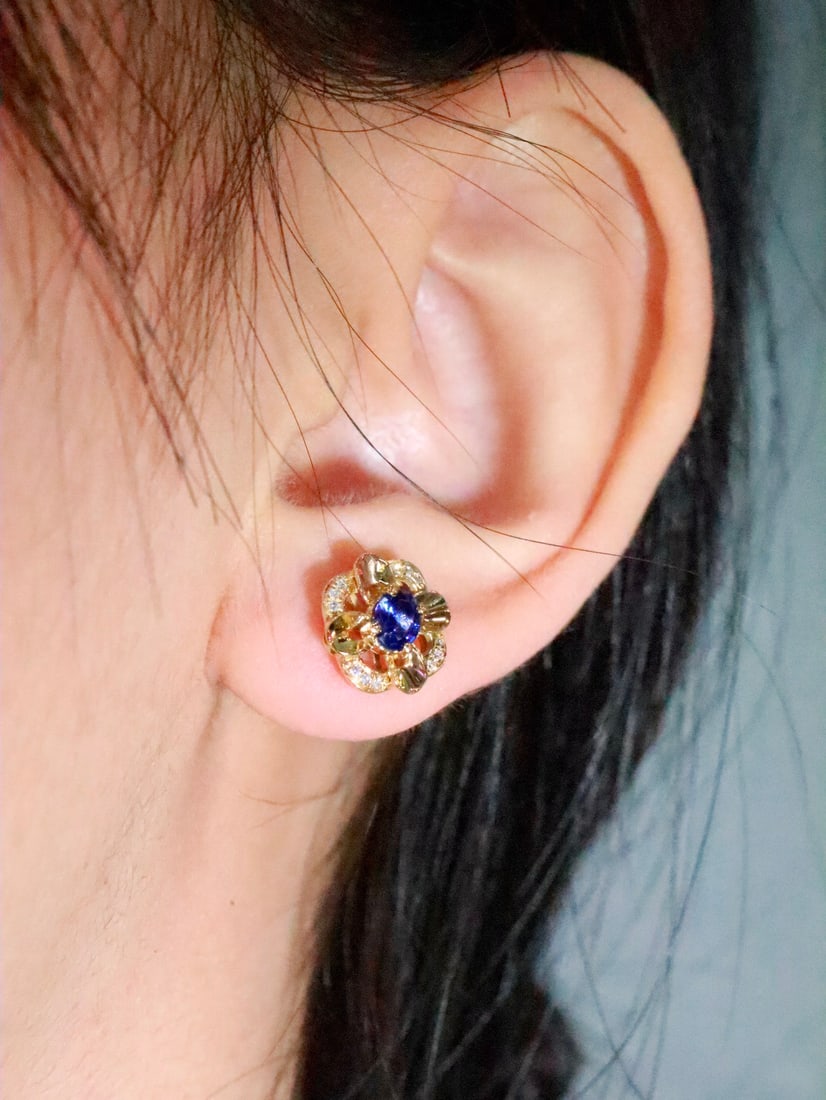 18K Gold Blue Sapphire Earrings - 2