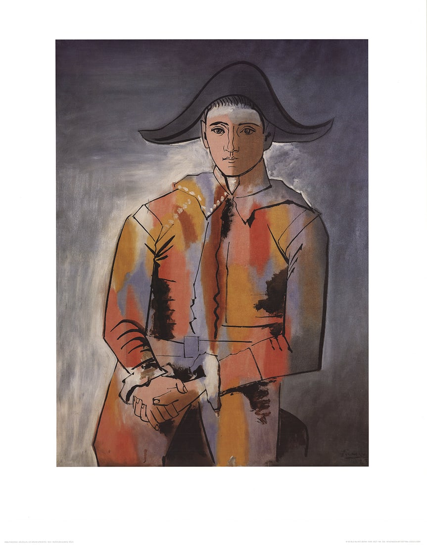 Arlequin les Mainscroisees (No Text): Arlequin les Mainscroisees (No Text) by Pablo Picasso, Unsigned Offset Lithograph. Paper size is 35.5 x 27.5 inches, with an image size of 27.5 x 20 inches. The Offset Lithograph is from an unknown