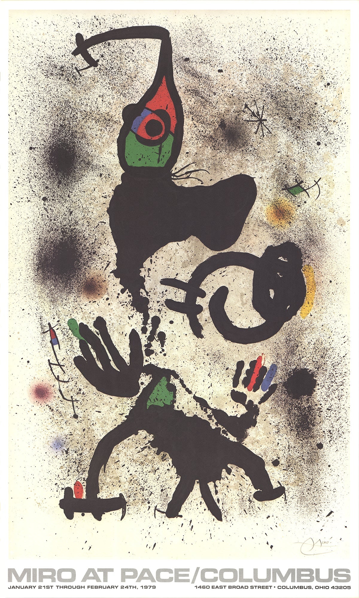At Pace-Columbus (vertical): At Pace-Columbus (vertical) by Joan Miro, 1979 Unsigned Offset Lithograph. Paper size is 35.25 x 21.25 inches, with an image size of 32 x 20.25 inches. The Offset Lithograph is from an edition size