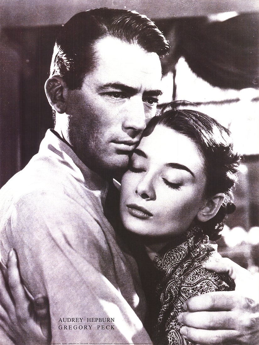 Audrey Hepburn and Gregory Peck: Audrey Hepburn and Gregory Peck by Artist Unknown, Unsigned Offset Lithograph. Paper size is 31.5 x 23.5 inches, with an image size of 31.5 x 23.5 inches. The Offset Lithograph is from an unknown