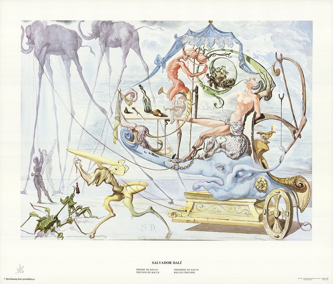 Bacus's Triumph: Bacus's Triumph by Salvador Dali, Unsigned Offset Lithograph. Paper size is 27.25 x 31.75 inches, with an image size of 21 x 27.75 inches. The Offset Lithograph is from an unknown edition size. and