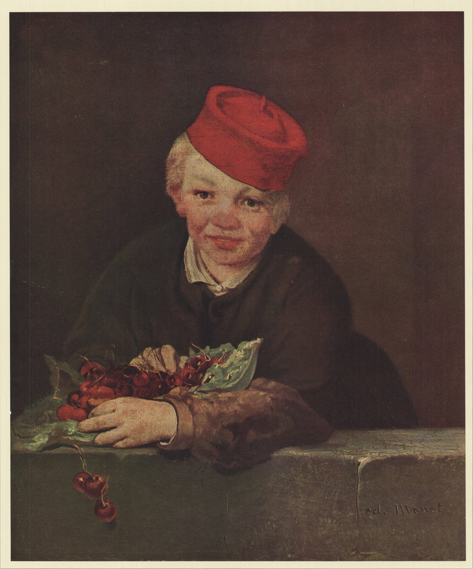Boy with Cherries: Boy with Cherries by Edouard Manet, 1953 Unsigned Offset Lithograph. Paper size is 10.25 x 8.5 inches, with an image size of 10 x 8.25 inches. The Offset Lithograph is from an unknown edition size.