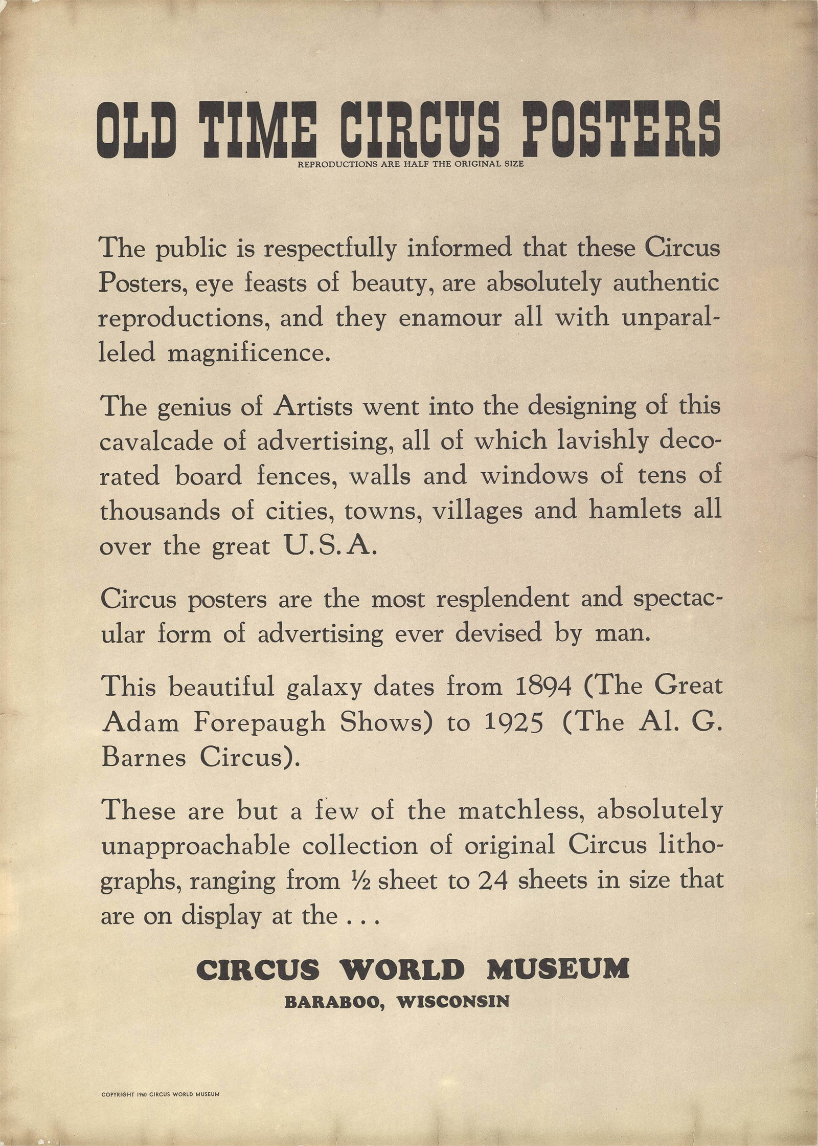 Circus World Museum: Circus World Museum by Artist Unknown, 1960 Unsigned Offset Lithograph. Paper size is 19 x 13.5 inches, with an image size of 19 x 13.5 inches. The Offset Lithograph is from an unknown edition size.