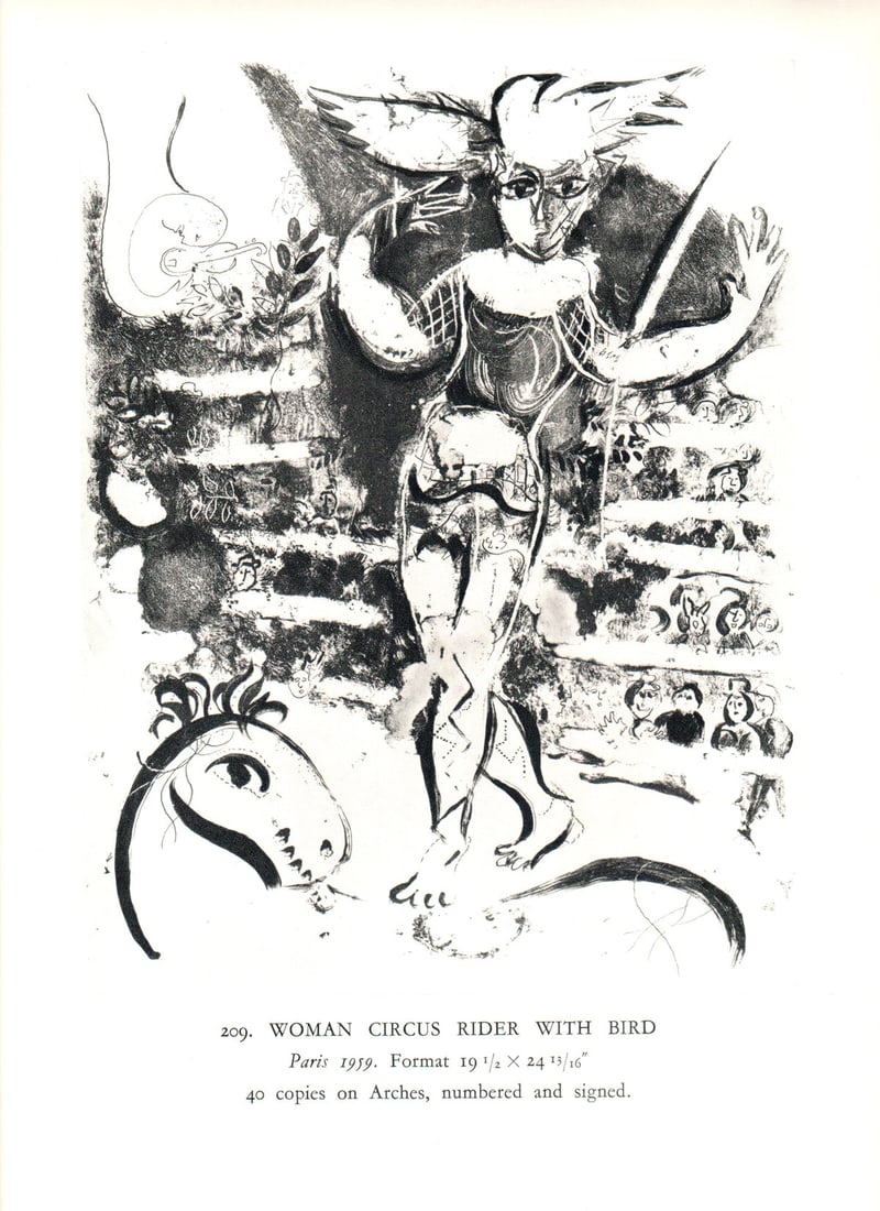 Ecuyere a l'Oiseau: Ecuyere a l'Oiseau by Marc Chagall, 1963 Unsigned Offset Lithograph. Paper size is 12.5 x 9.75 inches, with an image size of 8.75 x 6.75 inches. The Offset Lithograph is from an unknown edition size.