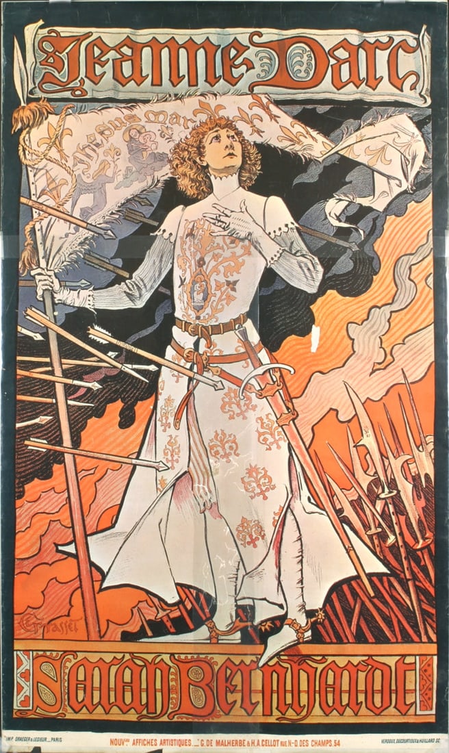 Jeanne Darc: Jeanne Darc by Eugene Grasset, 1970 Unsigned Offset Lithograph. Paper size is 35 x 21 inches, with an image size of 35 x 21 inches. The Offset Lithograph is from an unknown edition size. and is not