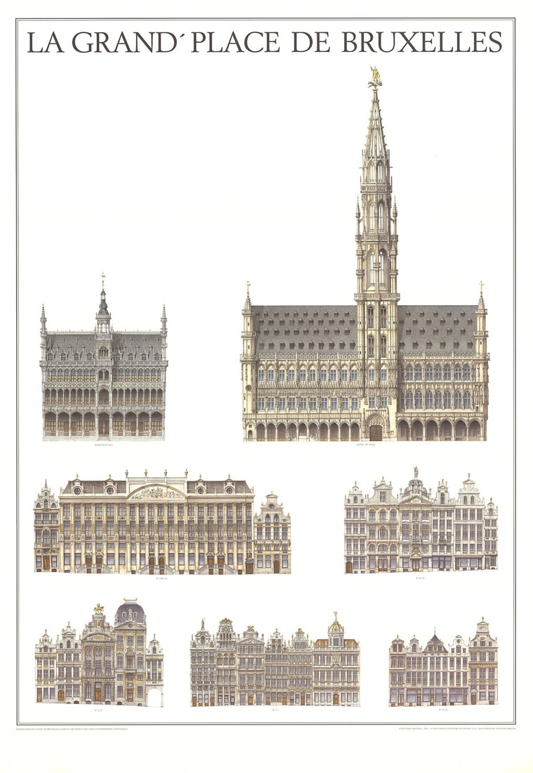 La Grande Place, Bruxelles, Belgium: La Grande Place, Bruxelles, Belgium by Artist Unknown, Unsigned Offset Lithograph. Paper size is 39 x 27 inches, with an image size of 35.5 x 25 inches. The Offset Lithograph is from an unknown