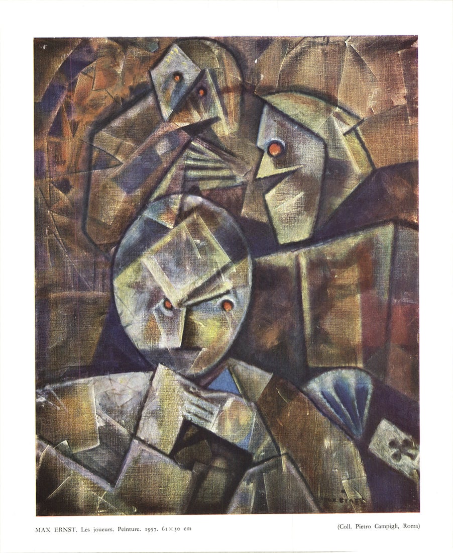 Les Joueurs: Les Joueurs by Max Ernst, Unsigned Offset Lithograph. Paper size is 10.25 x 8.75 inches, with an image size of 8.75 x 7 inches. The Offset Lithograph is from an unknown edition size. and is not framed