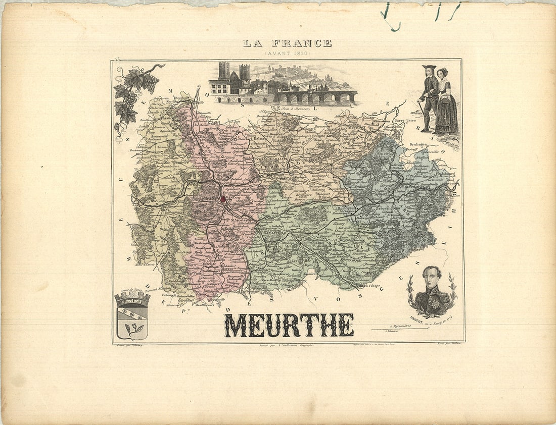 Meurthe: Meurthe by A. Vuillemin, 1869 Unsigned Lithograph. Paper size is 10.5 x 13.75 inches, with an image size of 7 x 8.75 inches. The Lithograph is from an unknown edition size. and is not framed. The