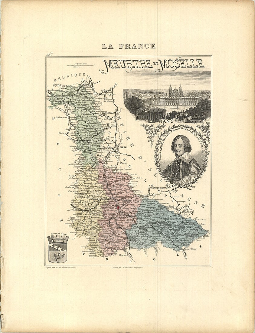 Meurthe and Moselle: Meurthe and Moselle by A. Vuillemin, 1869 Unsigned Lithograph. Paper size is 13.75 x 10.5 inches, with an image size of 8.75 x 7 inches. The Lithograph is from an unknown edition size. and is not