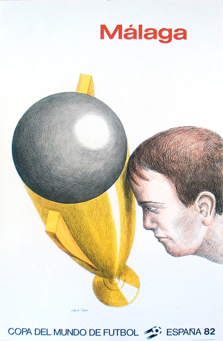 Mundial Malaga FIFA World Cup: Mundial Malaga FIFA World Cup by Roland Topor, 1982 Unsigned Lithograph. Paper size is 37.5 x 23.5 inches, with an image size of 37.5 x 23.5 inches. The Lithograph is from an edition size of 20000
