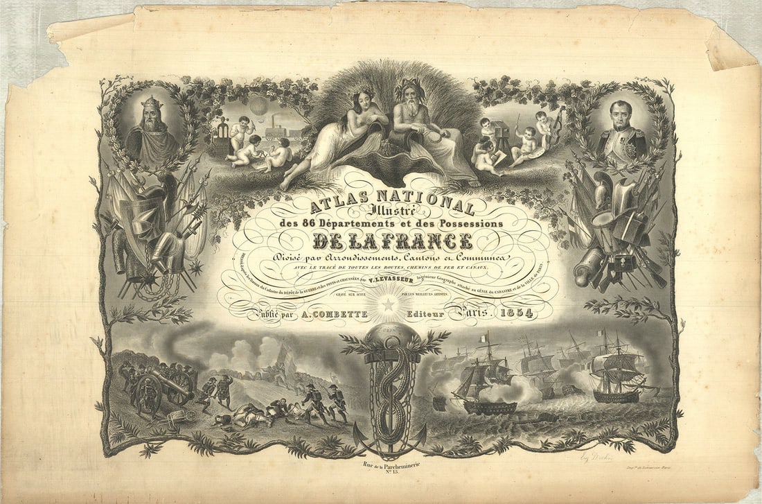 National Illustrated Atlas of the 86 Departments and Possessions of France: National Illustrated Atlas of the 86 Departments and Possessions of France by Victor Levasseur, 1846 Unsigned Lithograph. Paper size is 14 x 21 inches, with an image size of 11.5 x 16 inches. The