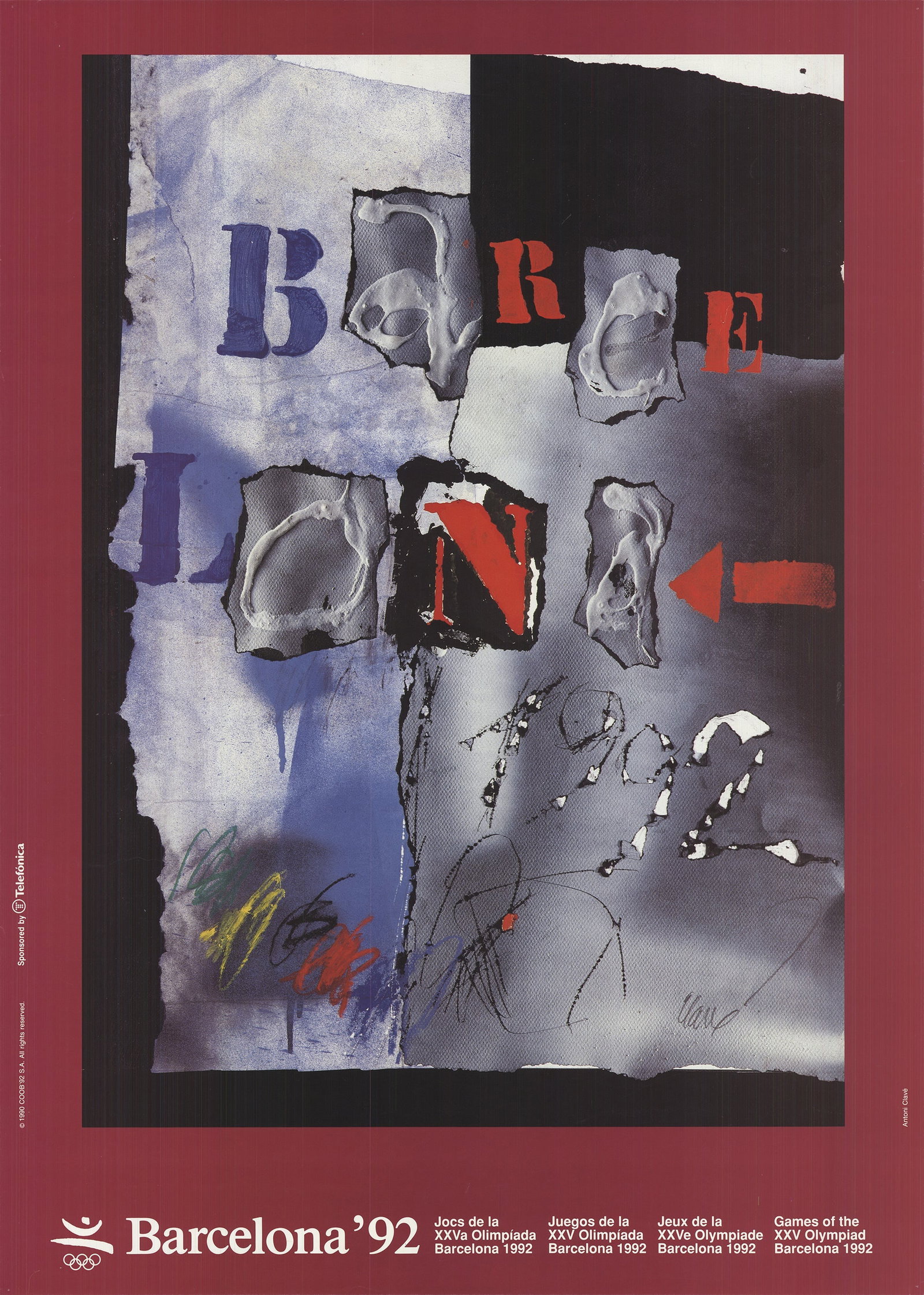Olympics 1992 Barcelona: Olympics 1992 Barcelona by Antoni Clave, 1992 Unsigned Offset Lithograph. Paper size is 27.5 x 19.5 inches, with an image size of 22.75 x 16.25 inches. The Offset Lithograph is from an unknown