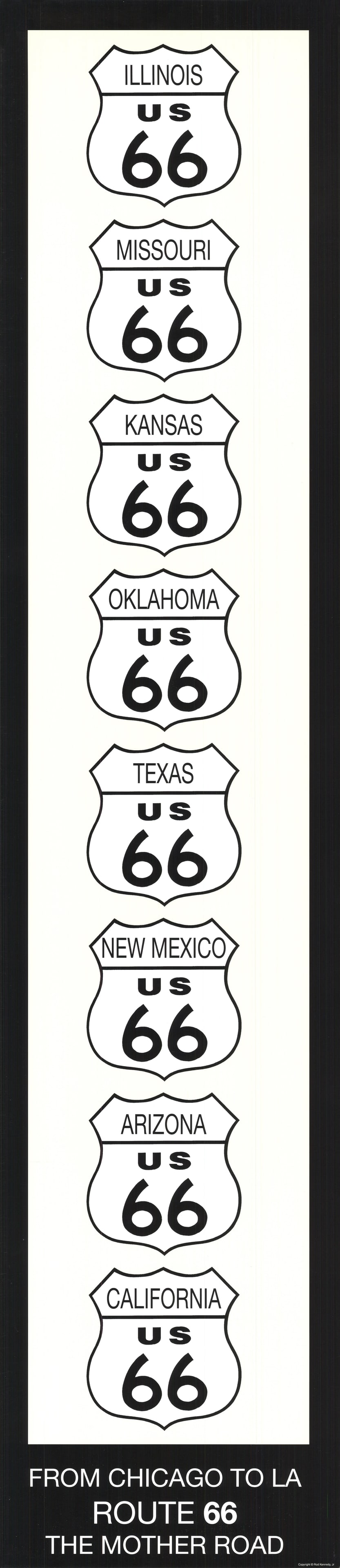 Route 66 (Black wtih Ivory): Route 66 (Black wtih Ivory) by Rod Kennedy, 1995 Unsigned Offset Lithograph. Paper size is 39 x 8.5 inches, with an image size of 37 x 8 inches. The Offset Lithograph is from an edition size of 1000