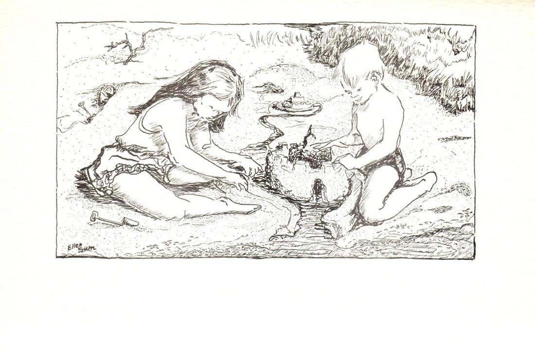 Sand Artists: Sand Artists by Ellen Sum, 1966 Unsigned Lithograph. Paper size is 5.5 x 8.25 inches, with an image size of 3.5 x 6.5 inches. The Lithograph is from an unknown edition size. and is not framed. The