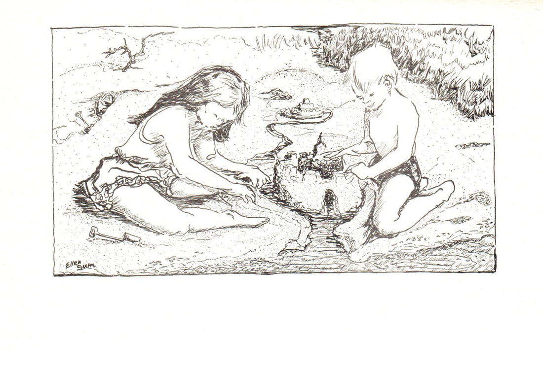 Sand Artists: Sand Artists by Ellen Sum, 1966 Unsigned Lithograph. Paper size is 5.5 x 8.25 inches, with an image size of 3.5 x 6.5 inches. The Lithograph is from an unknown edition size. and is not framed. The