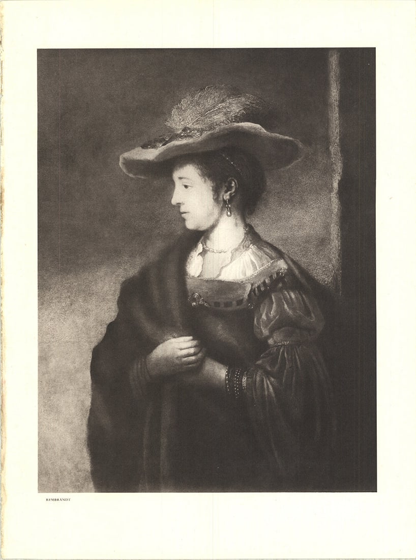 Saskia Van Uylenburgh: Saskia Van Uylenburgh by Van Rijn Rembrandt, 1953 Unsigned Offset Lithograph. Paper size is 14 x 10.5 inches, with an image size of 11 x 8.5 inches. The Offset Lithograph is from an unknown edition