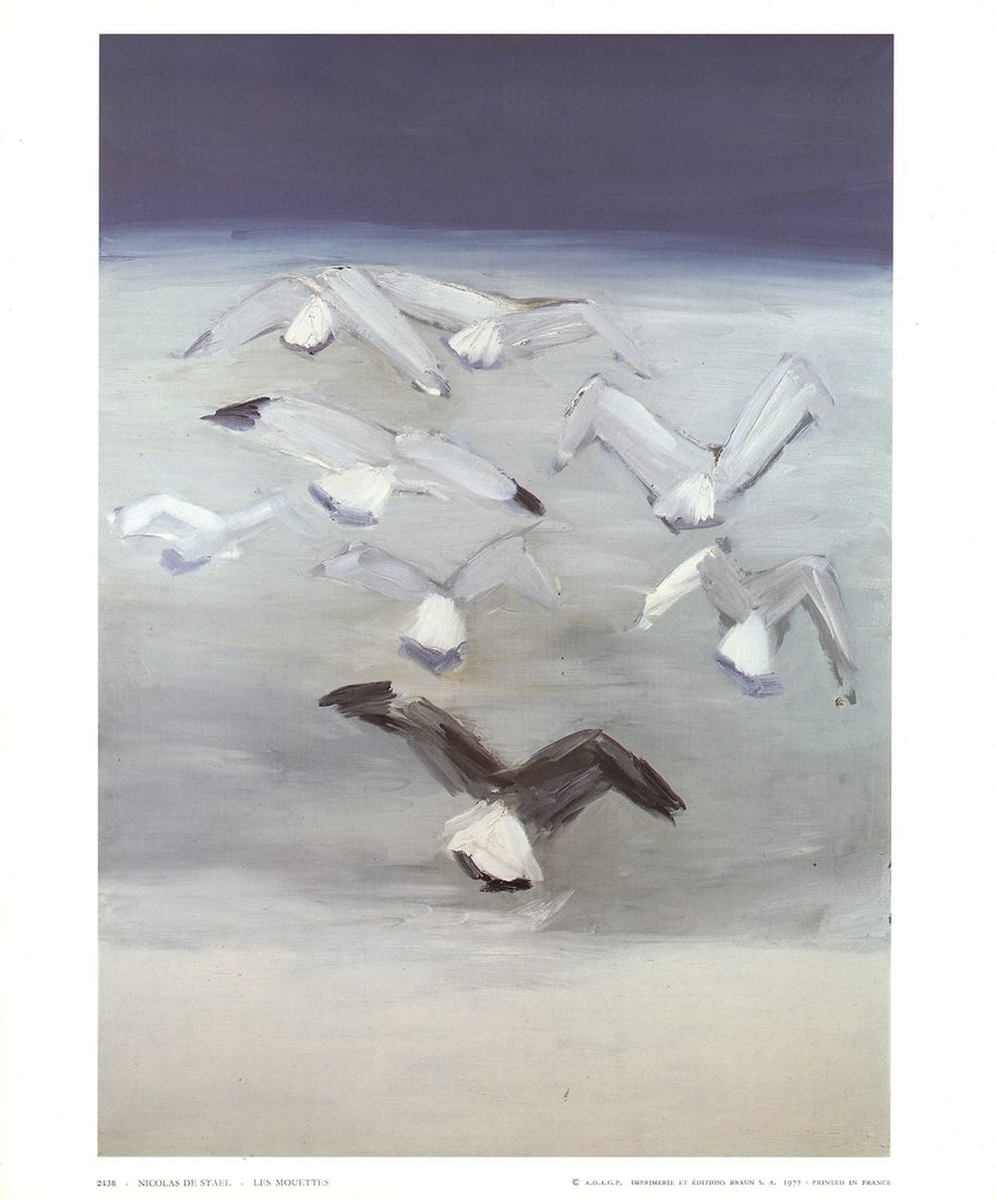 Seagulls: Seagulls by Nicolas De Stael, 1977 Unsigned Offset Lithograph. Paper size is 11.25 x 9.25 inches, with an image size of 10.5 x 7.5 inches. The Offset Lithograph is from an unknown edition size. and
