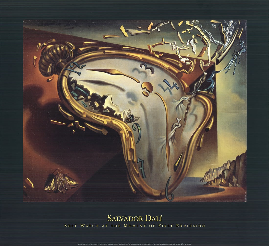 Soft Watch at the Moment of First Explosion: Soft Watch at the Moment of First Explosion by Salvador Dali, 1995 Unsigned Offset Lithograph. Paper size is 22 x 24 inches, with an image size of 16.25 x 20 inches. The Offset Lithograph is from an