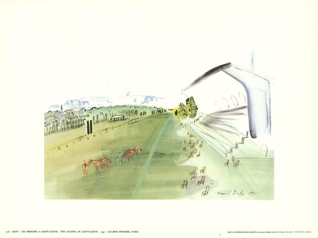 The Stands at Saint-Cloud: The Stands at Saint-Cloud by Raoul Dufy, Unsigned Offset Lithograph. Paper size is 9.5 x 12.5 inches, with an image size of 6 x 9 inches. The Offset Lithograph is from an unknown edition size. and is