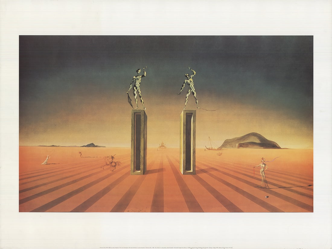 The Two Harlequins: The Two Harlequins by Salvador Dali, 1994 Unsigned Offset Lithograph. Paper size is 23.75 x 31.5 inches, with an image size of 16.75 x 28 inches. The Offset Lithograph is from an unknown edition
