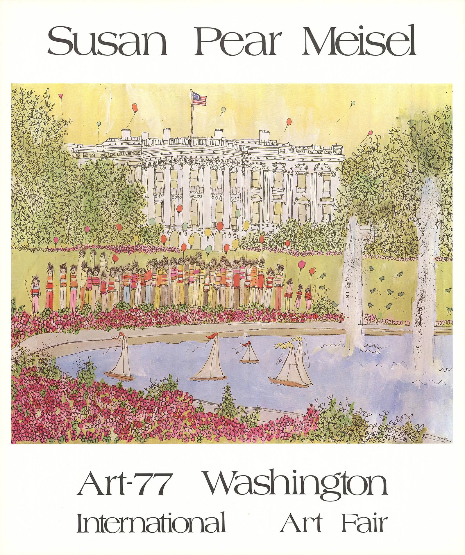 The White House: The White House by Susan Pear Meisel, 1977 Unsigned Offset Lithograph. Paper size is 30 x 25.5 inches, with an image size of 17.5 x 24 inches. The Offset Lithograph is from an edition size of 500 and