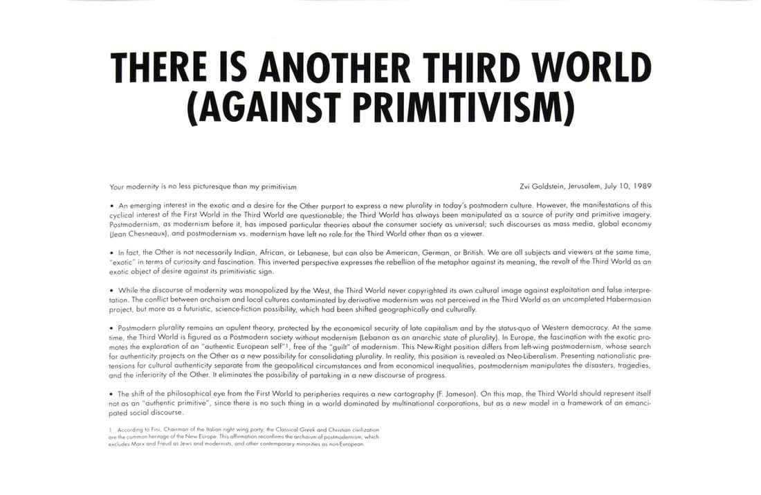 There is Another Third World (Against Primitivism): There is Another Third World (Against Primitivism) by Zvi Goldstein, Unsigned Offset Lithograph. Paper size is 16.5 x 23.25 inches, with an image size of 16.5 x 23.25 inches. The Offset Lithograph is