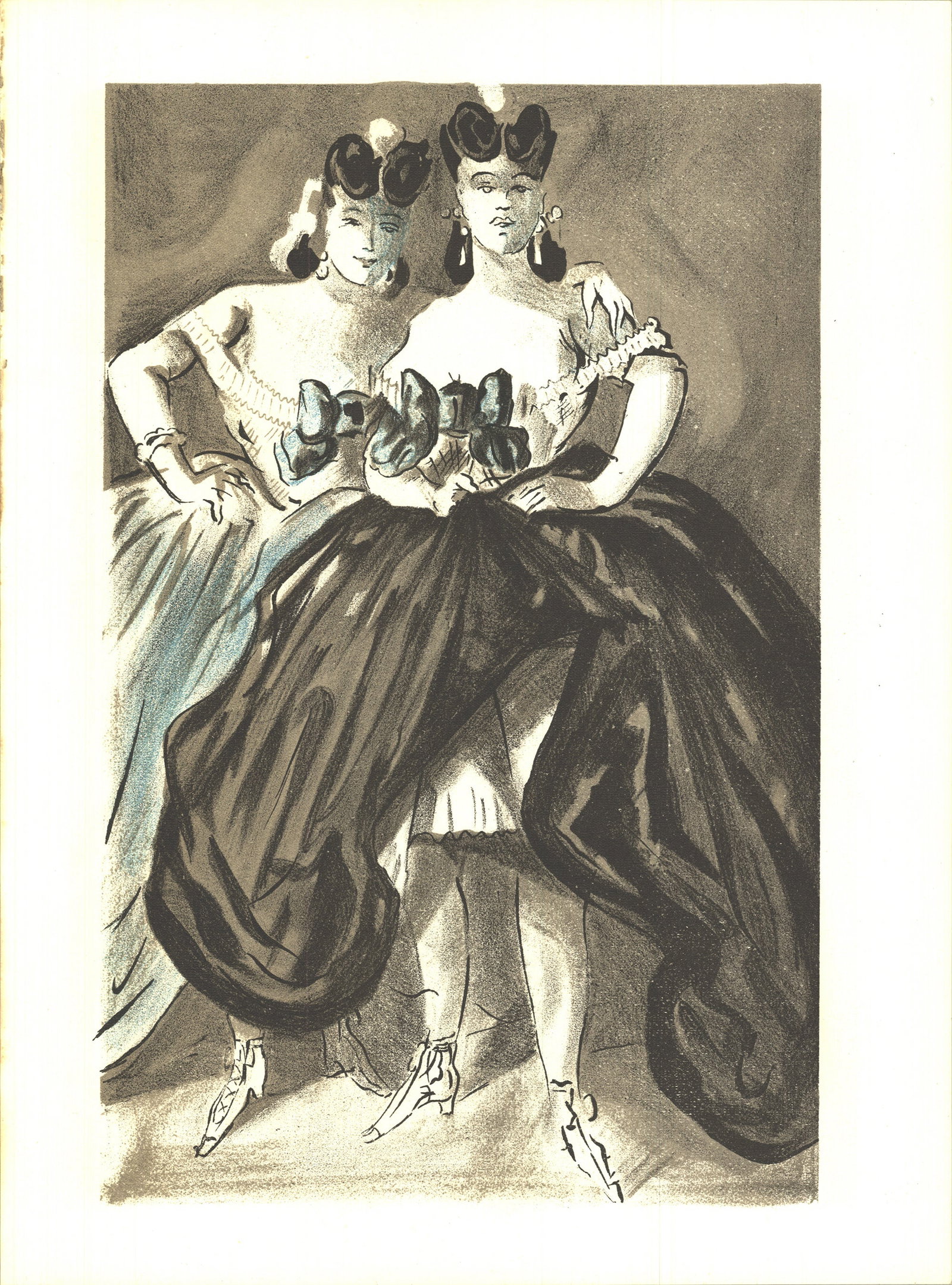 Two Women: Two Women by Lena Leclercq, 1939 Unsigned Lithograph. Paper size is 14 x 10.25 inches, with an image size of 12 x 7.5 inches. The Lithograph is from an unknown edition size. and is not framed. The